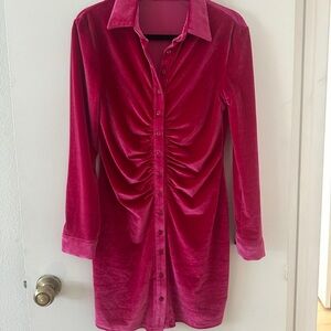 Velvet Button-Up Dress in Rich Pink